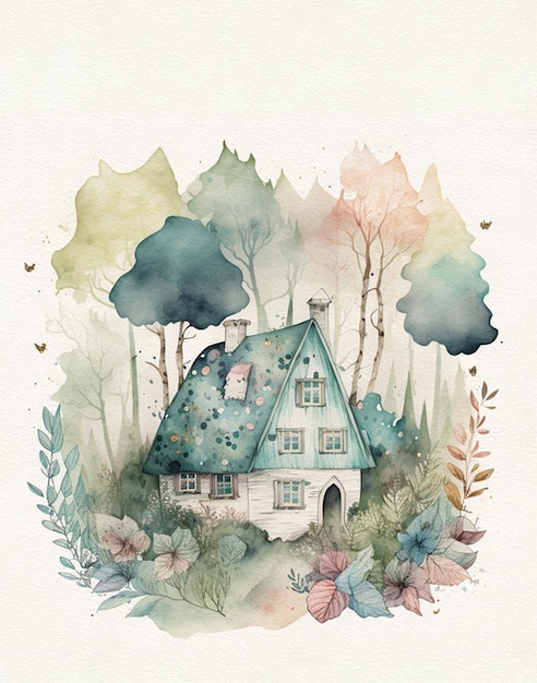 watercolor drawing of a wooden house in the forest, a village house, a traveler's house