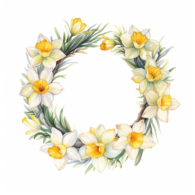 Photo a watercolor drawing of a wreath of daffodils with yellow flowers.