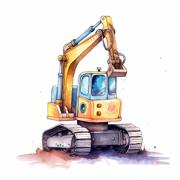 A watercolor drawing of a yellow excavator.