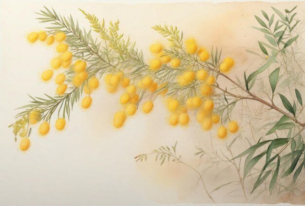 Photo watercolor drawing of a yellow mimosa acacia delbata template for cards