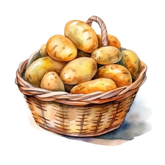 Photo a watercolor drawling of a wicker basket of potatoes