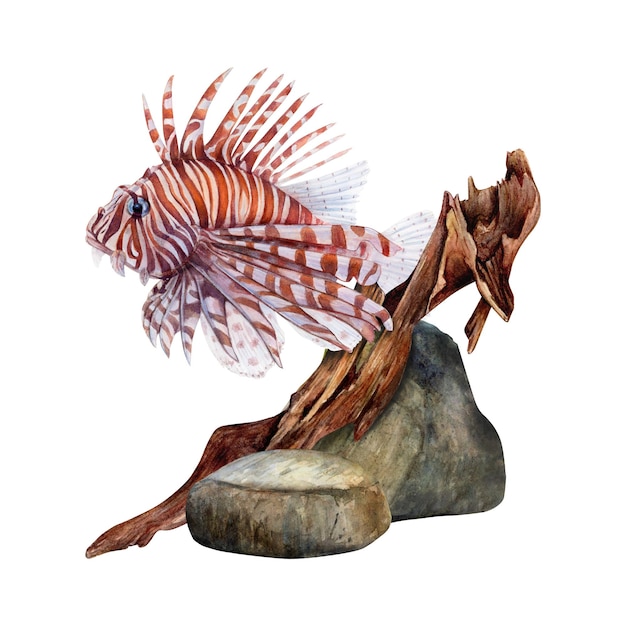 Watercolor drawn set of bottom stones snag and lionfish on white background Underwater picture for illustration stickers logo textile printing