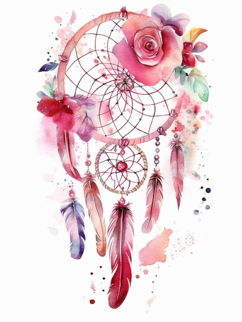 Watercolor dream catcher with roses and roses on the background.