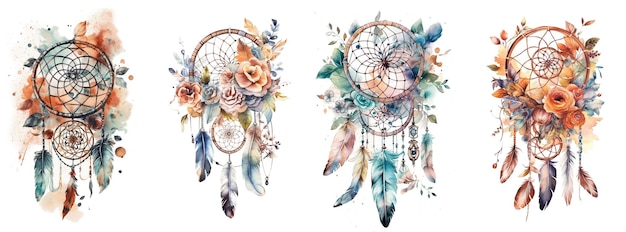 Watercolor dream catchers with flowers and feathers Generative AI