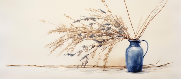 Watercolor of dried grass in a blue vase with twine