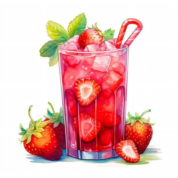 수채화 음료 딸기 주스 그림