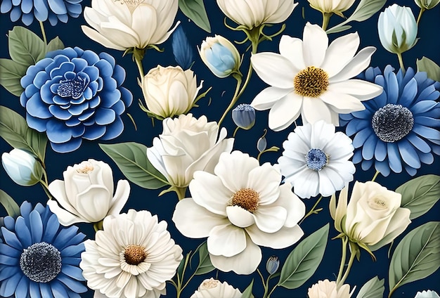 Watercolor dusty blue and white flowers painting art Background and pattern texture wallpaper