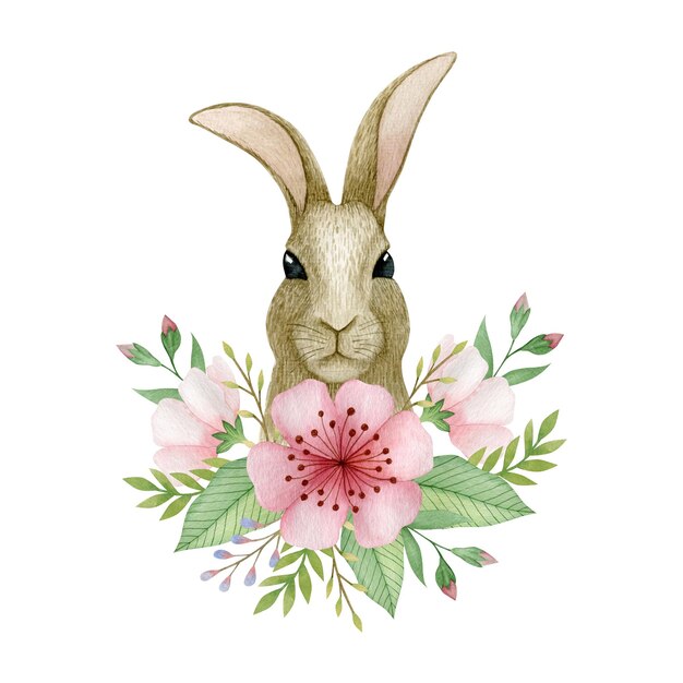 Photo watercolor easter composition of flowers rabbit