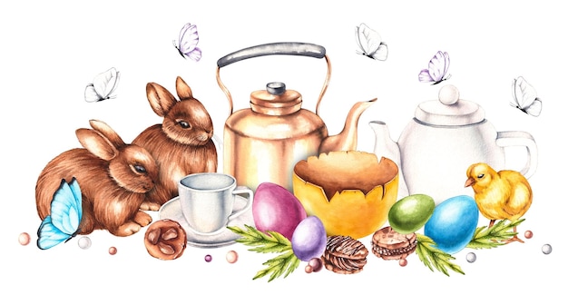 Фото Акварель пасхальная композиция с чайным набором пасхальные кролики и яйца