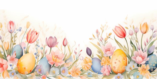 Watercolor easter eggs border background with spring flowers and eggs in pastel colors