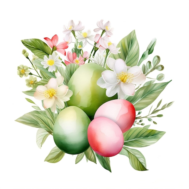 Photo watercolor easter eggs and spring flowers watercolor easter clipart in green and pink colors