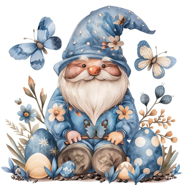 Watercolor Easter gnome with eggs and flowers Hand drawn illustration
