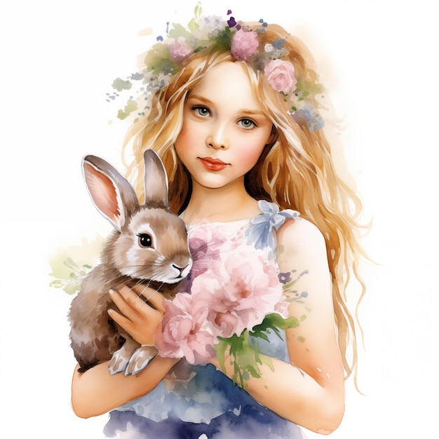 Watercolor Easter illustration with a beautiful girl holding a rabbit