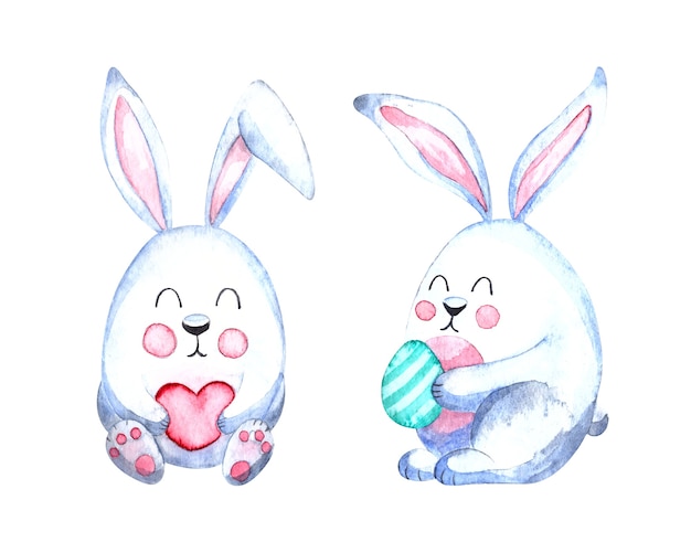 Watercolor Easter illustration with cute white rabbits on a white background