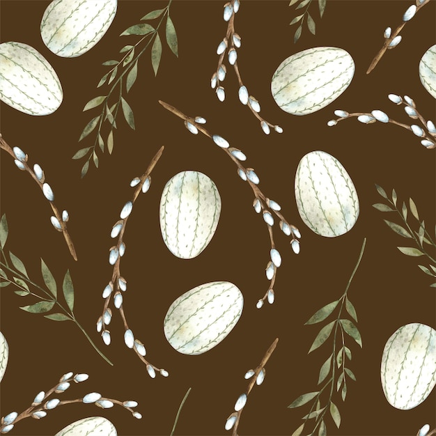 Watercolor Easter pattern on a brown background with eggs green branches and willow Easter holiday