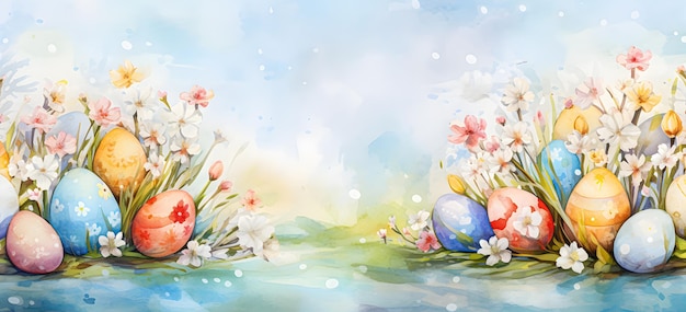 水彩画のイースターのシーンで装飾された卵が明るい背景に描かれています