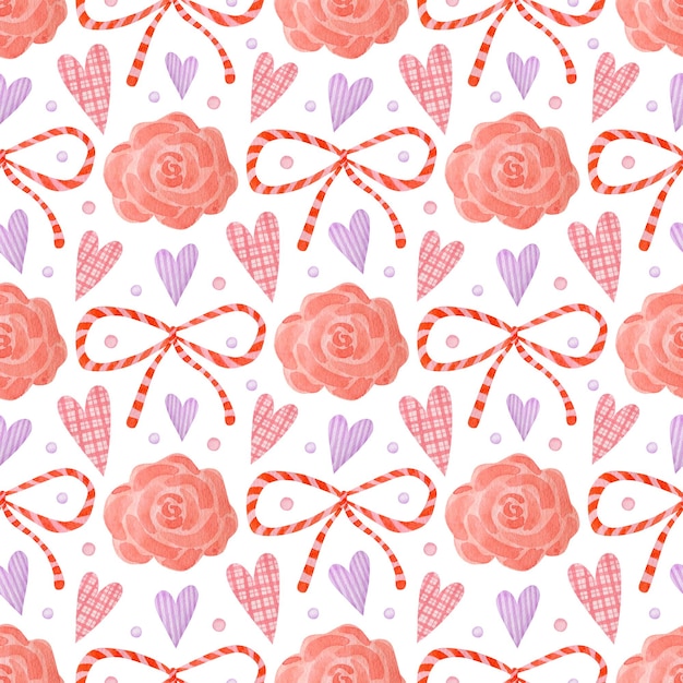 Watercolor easter seamless pattern bow rose hearts