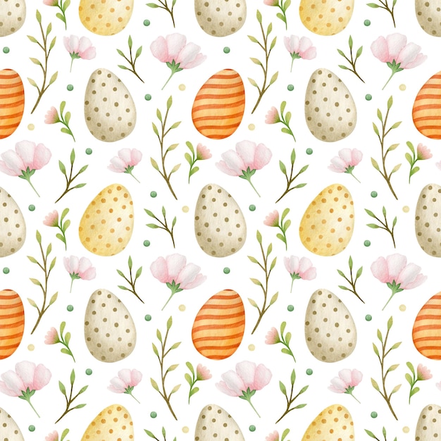 Watercolor Easter seamless pattern spring branches eggs flowers