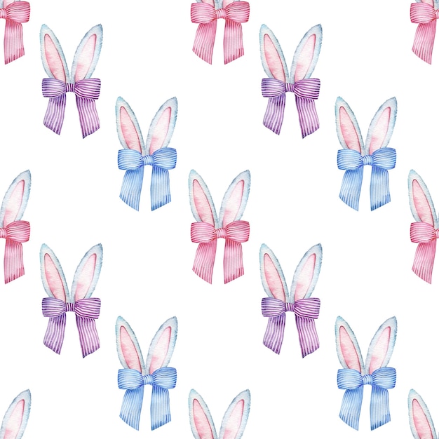 Watercolor Easter seamless pattern with gray and pink color bunny ears with striped colorful bows.