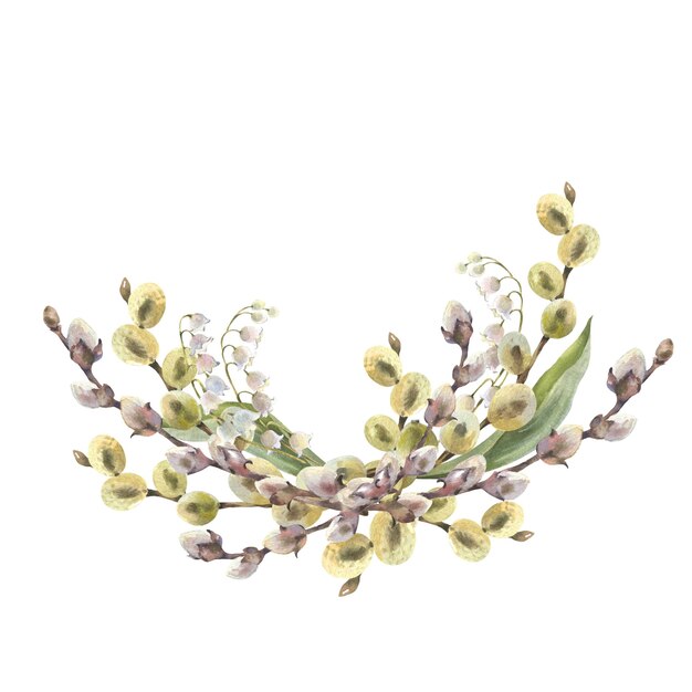 Watercolor easter willow and lily of the valley bouquet template hand painted willow branch isolated