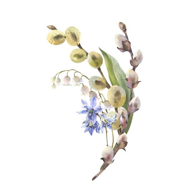 Photo watercolor easter willow and lily of the valley bouquet template hand painted willow branch isolated