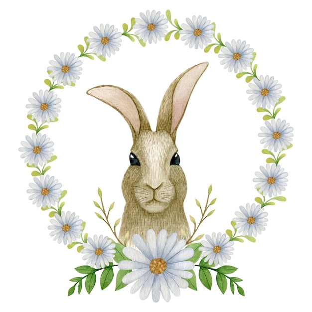 Watercolor Easter wreath of spring flowers bunny