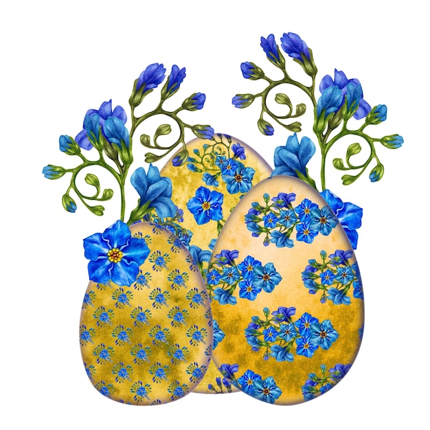 Watercolor easter yellow egg with floral pattern of spring blooming primroses for easter clipart