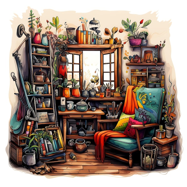 Watercolor of Eccentric Artistic Studio a Room With an Artis On White Background With Cozy Place