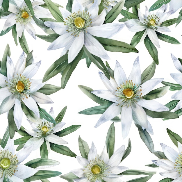 Watercolor edelweiss flowers with leaves seamless pattern