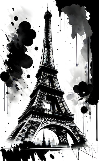 Акварельная иллюстрация Эйфелевой башни с брызгами краски