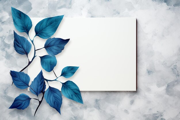 Watercolor elegance blue leaves white paper concrete backdrop an artistic fusion