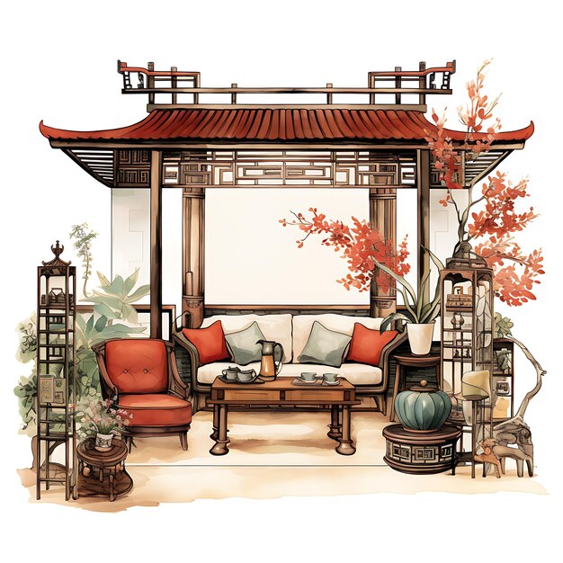 Watercolor of Elegant Asian Fusion a Room With a Blend of as On White Background With Cozy Place