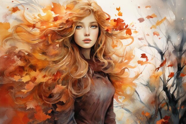 Watercolor elegant autumn girl with long hair and leaves on white background