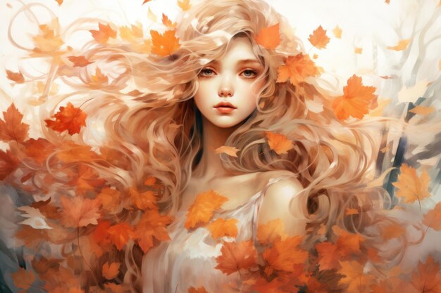 Watercolor elegant autumn girl with long hair and leaves on white background