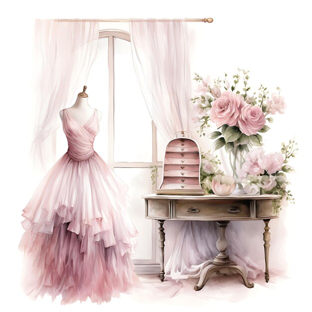 Watercolor of Elegant Ballerina Studio a Room Reminiscent of On White Background With Cozy Place