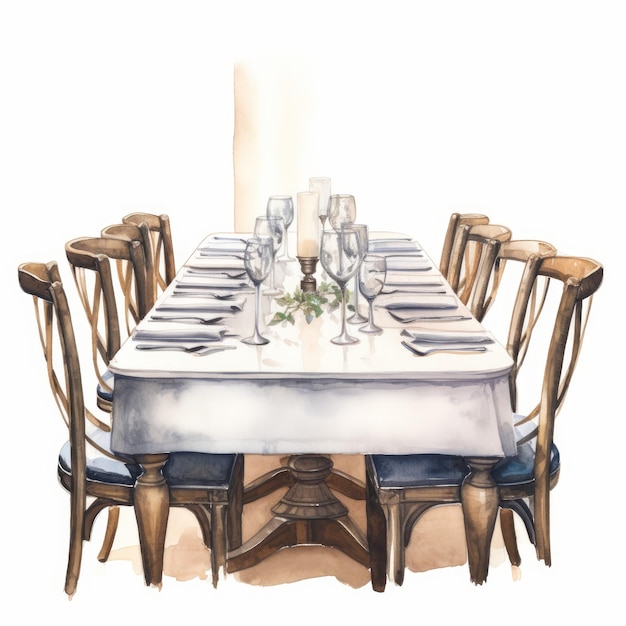 Photo watercolor a elegant dining table with chairs around it white background ai generate