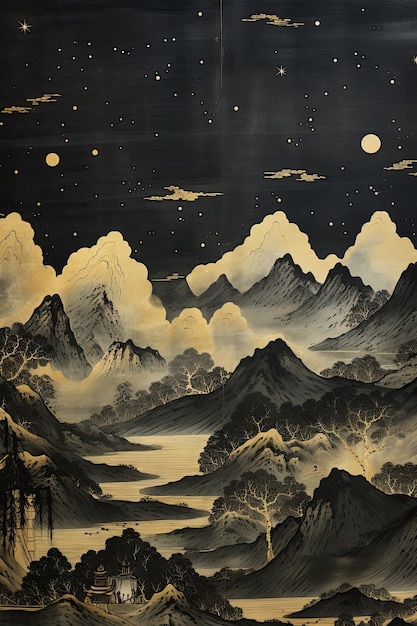 Watercolor Elegant Japan Landscape Illustration Gold and Black Oriental Texture