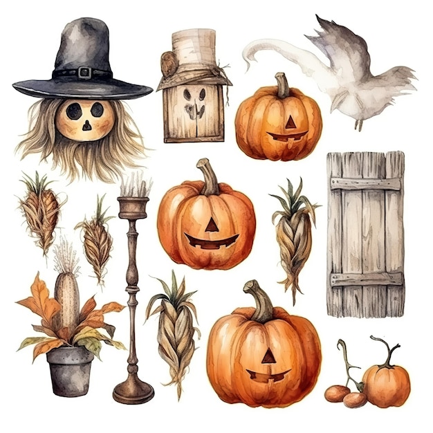 Watercolor elements Halloween day wooden