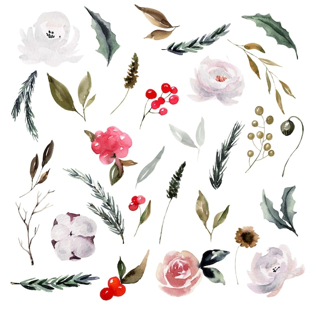 Watercolor elements for making bouquets