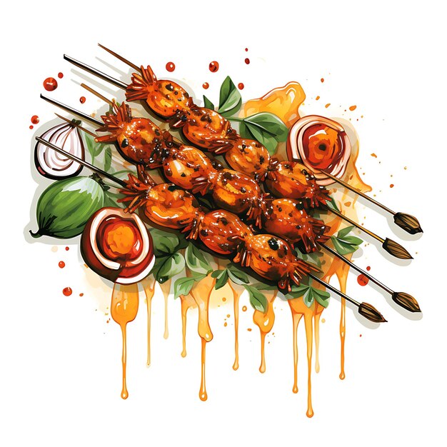 Watercolor of Embossed Metal Frame With Sate Padang Padang Style Grilled S Clipart Tshirt Design