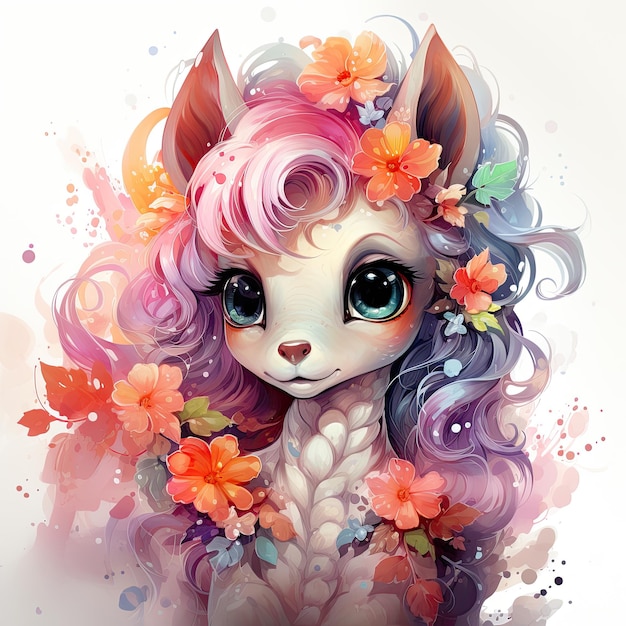 watercolor enchanted kawaii unicorn foal with floral accents clipart illustration generative ai