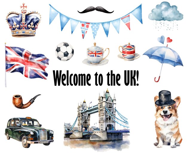 Photo watercolor england symbols welcome to the uk elements travel icons london england uk symbol