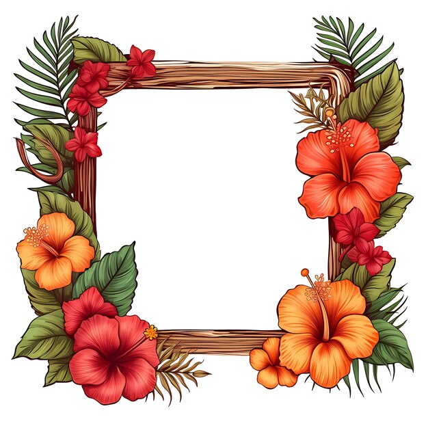 Watercolor of Engraved Wooden Frame With Hibiscus Flowers Palm Trees and T Clipart Tshirt Design