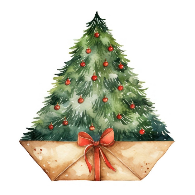 Watercolor envelope and a Christmas tree