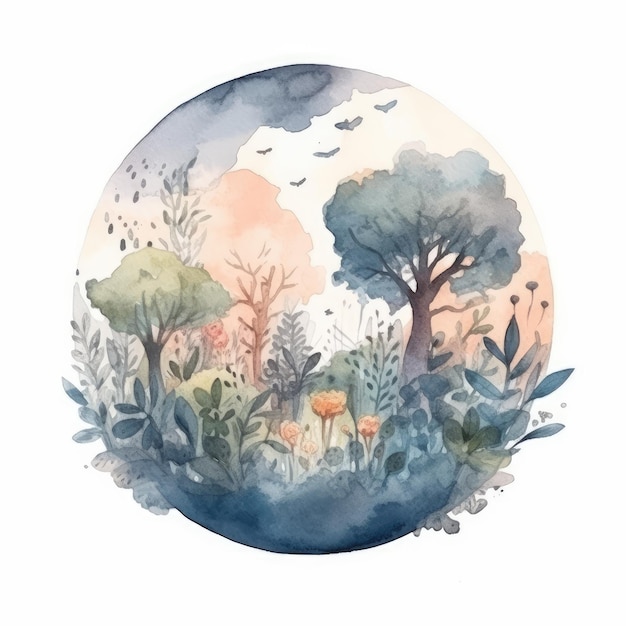 Watercolor of an environment with trees and plants growing on it