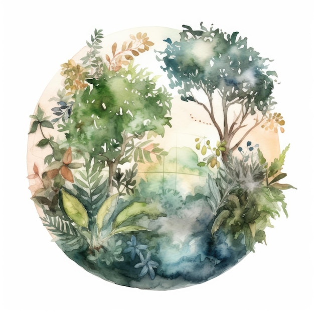 Watercolor of an environment with trees and plants growing on it