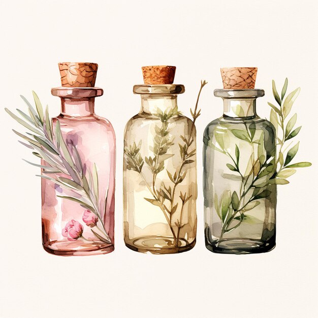 Photo watercolor essential oil bottles