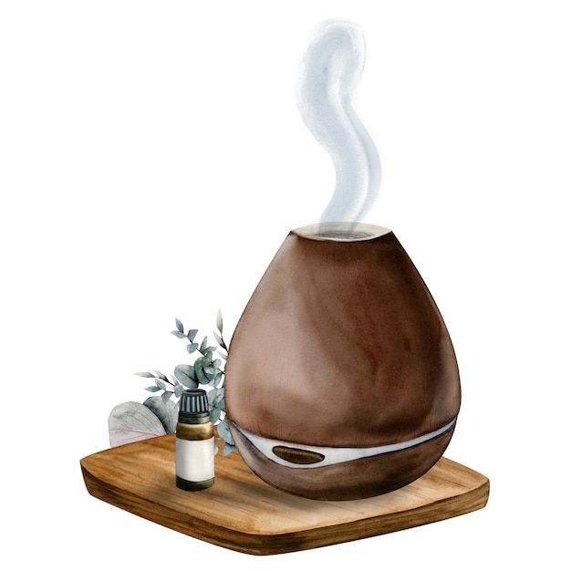 Foto bottiglia dell'illustrazione del diffusore dell'olio dell'aroma dell'umidificatore di legno elettrico della fragranza dell'eucalipto dell'acquerello