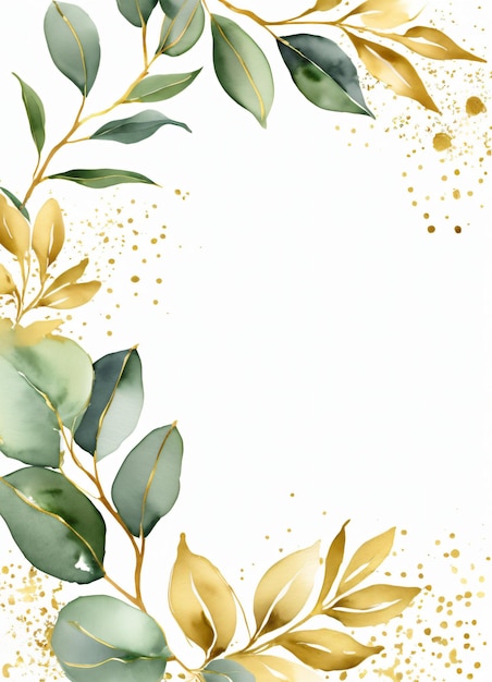 Photo watercolor eucalyptus leaves greend and gold border design frame background