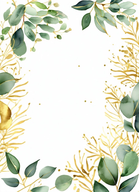 Photo watercolor eucalyptus leaves greend and gold border design frame background